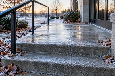 Frost-covered concrete steps outside a commercial building